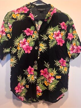 Impressions Black Hawaiian Button-Up Shirt with Pink & Yellow Floral Print